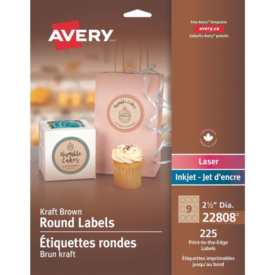 slide 8 of 10, Avery Round Print-to-The-Edge Labels, 2 1/2" Dia., Brown Kraft, 225 ct