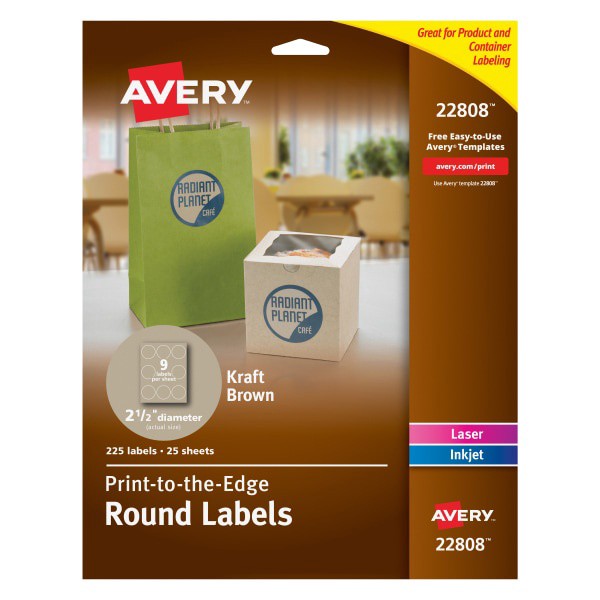 slide 1 of 10, Avery Round Print-to-The-Edge Labels, 2 1/2" Dia., Brown Kraft, 225 ct