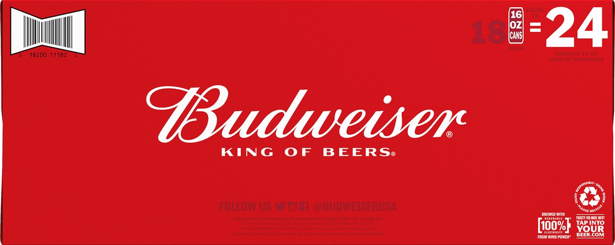 slide 8 of 8, Budweiser Lager Beer 18 - 16 fl oz Cans, 5% ABV, 16 fl oz