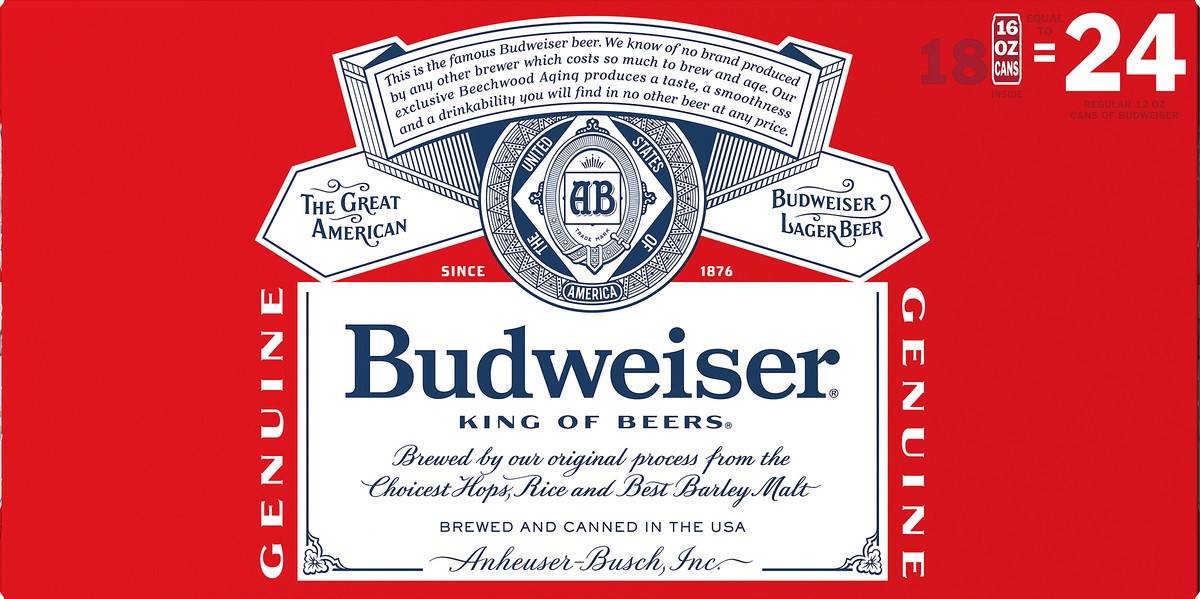 slide 5 of 8, Budweiser Lager Beer 18 - 16 fl oz Cans, 5% ABV, 16 fl oz