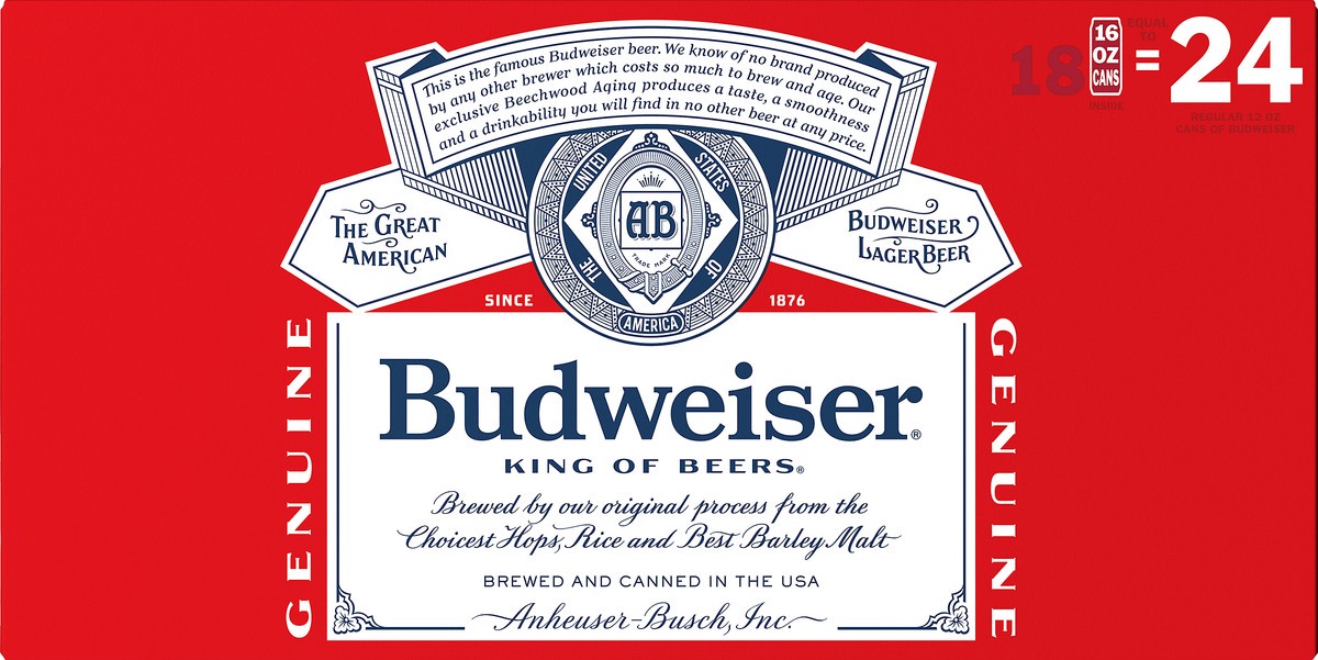 slide 2 of 8, Budweiser Lager Beer 18 - 16 fl oz Cans, 5% ABV, 16 fl oz