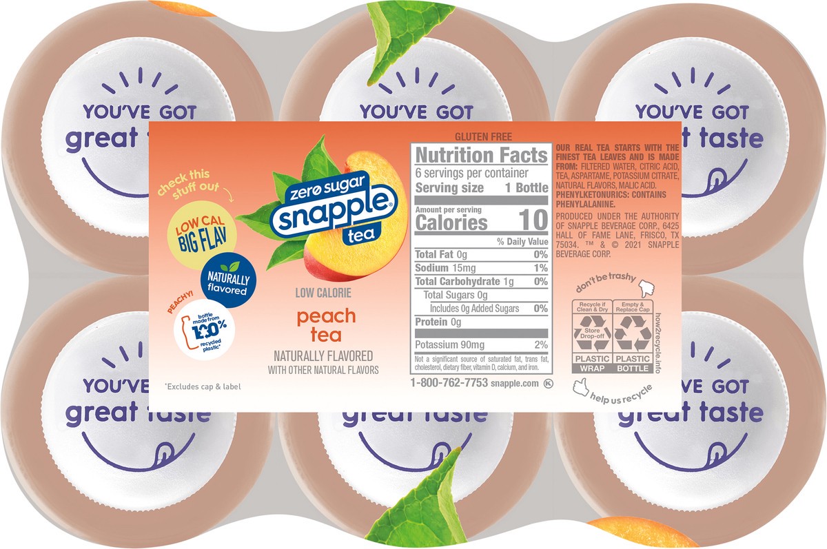 slide 5 of 11, Snapple Zero Sugar Peach Tea, 16 fl oz recycled plastic bottle, 6 pack - 6 ct, 6 ct; 16 oz