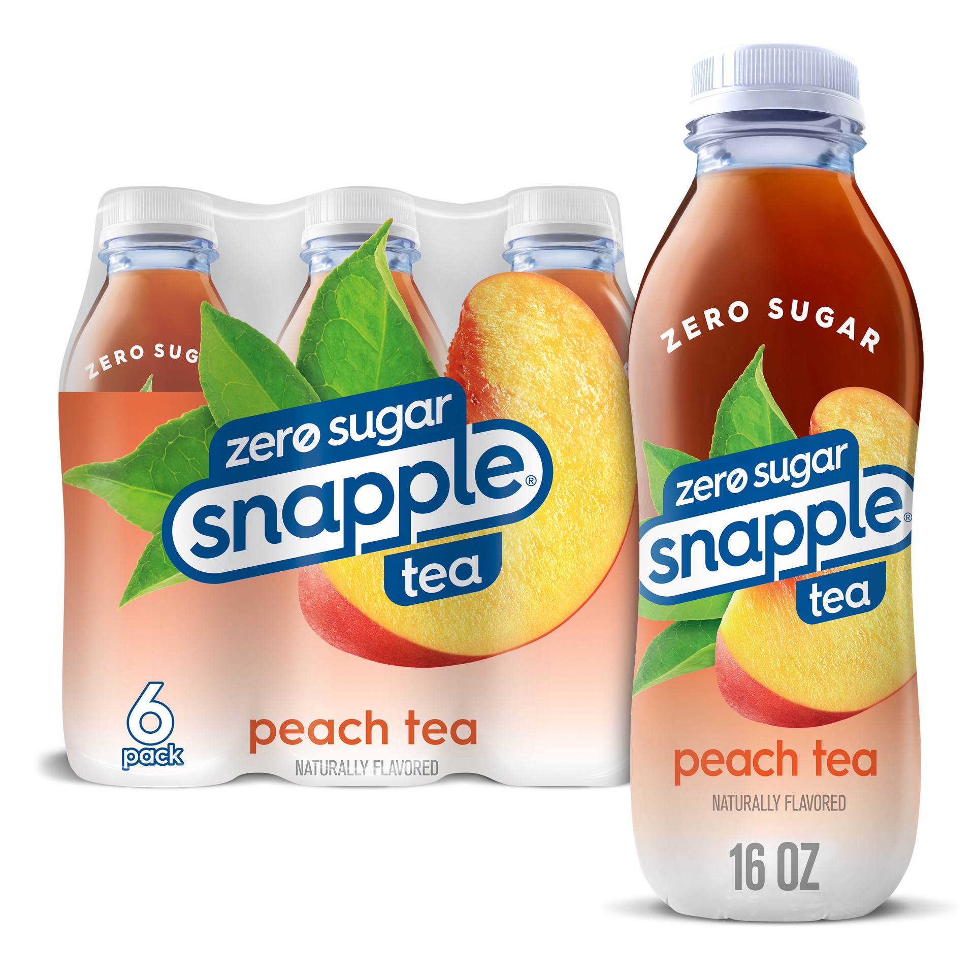slide 1 of 11, Snapple Zero Sugar Peach Tea, 16 fl oz recycled plastic bottle, 6 pack - 6 ct, 96 fl oz
