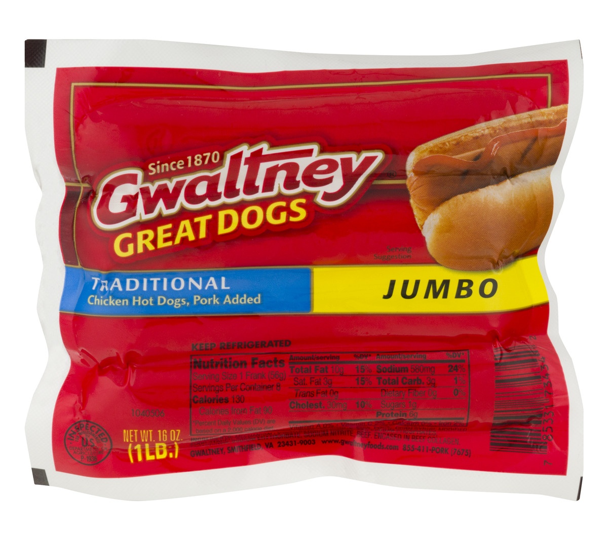 slide 1 of 1, Gwaltney Great Dogs Traditional Jumbo Hot Dogs, 16 oz