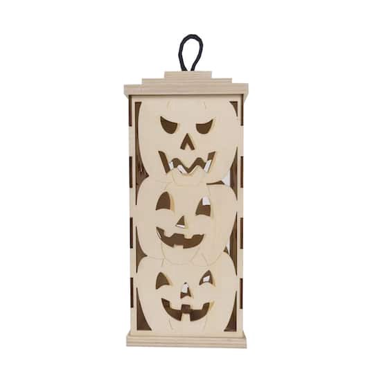 slide 1 of 4, 10" Diy Led Pumpkins Wood Lantern Decor By Make Market, 4.25 in x 4.25 in x 10 in