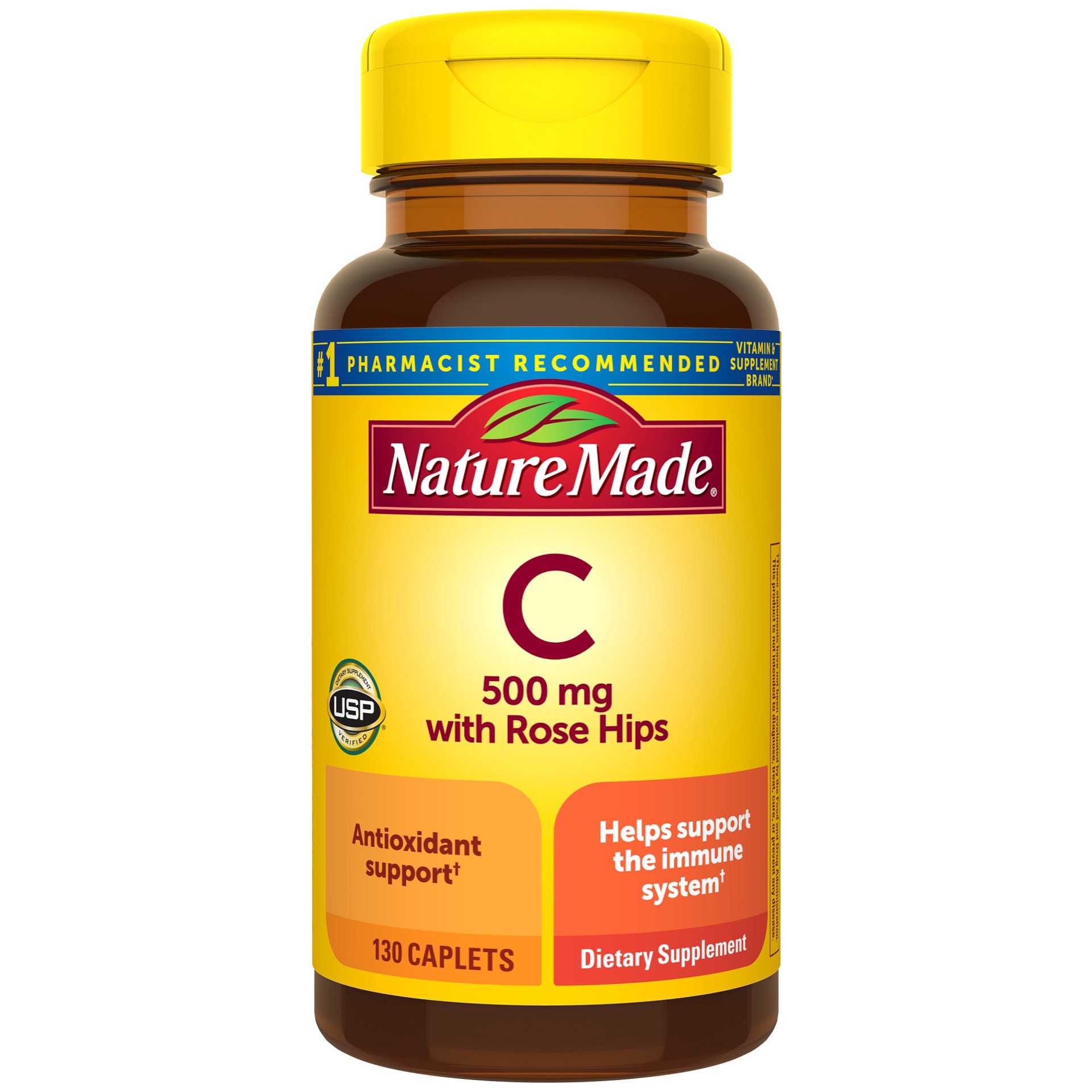 slide 1 of 4, Nature Made Vitamin C 500 mg with Rose Hips, Dietary Supplement for Immune Support, 130 Caplets, 130 Day Supply, 130 ct