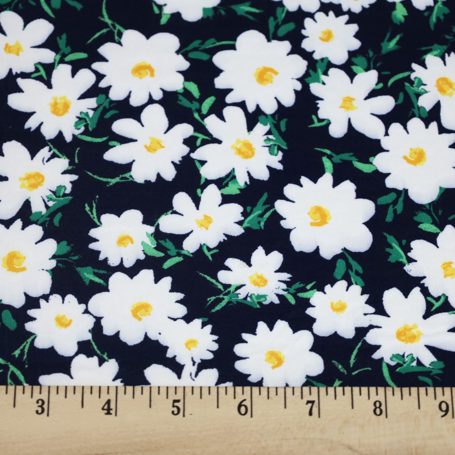 slide 2 of 3, Fabric Merchants Daisies On Blue Double Brushed Stretch Fabric, 60 in