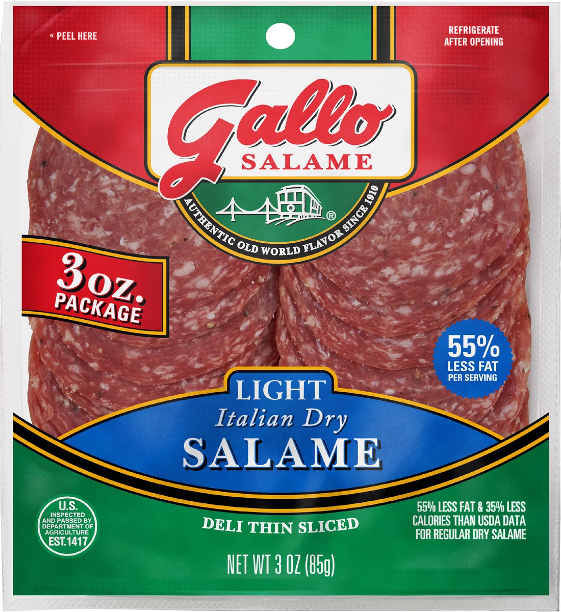 slide 6 of 6, Gallo Salame Deli Thin Sliced Light Italian Dry Salami, 3 oz., 85.05 g