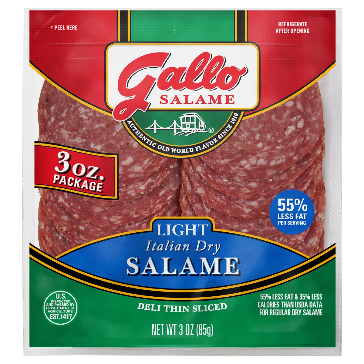 slide 4 of 6, Gallo Salame Deli Thin Sliced Light Italian Dry Salami, 3 oz., 85.05 g