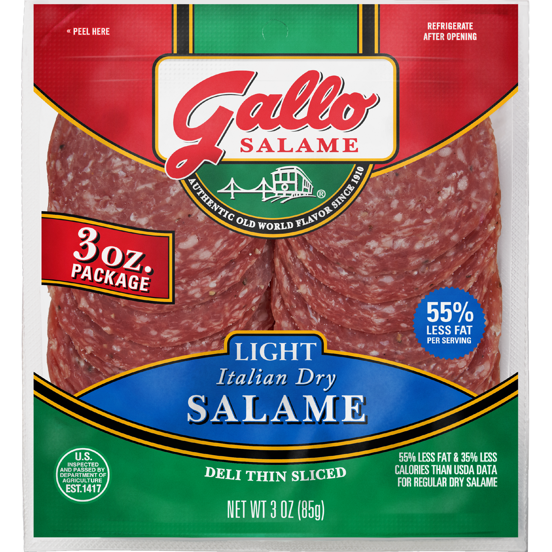 slide 1 of 6, Gallo Salame Deli Thin Sliced Light Italian Dry Salami, 3 oz., 85.05 g