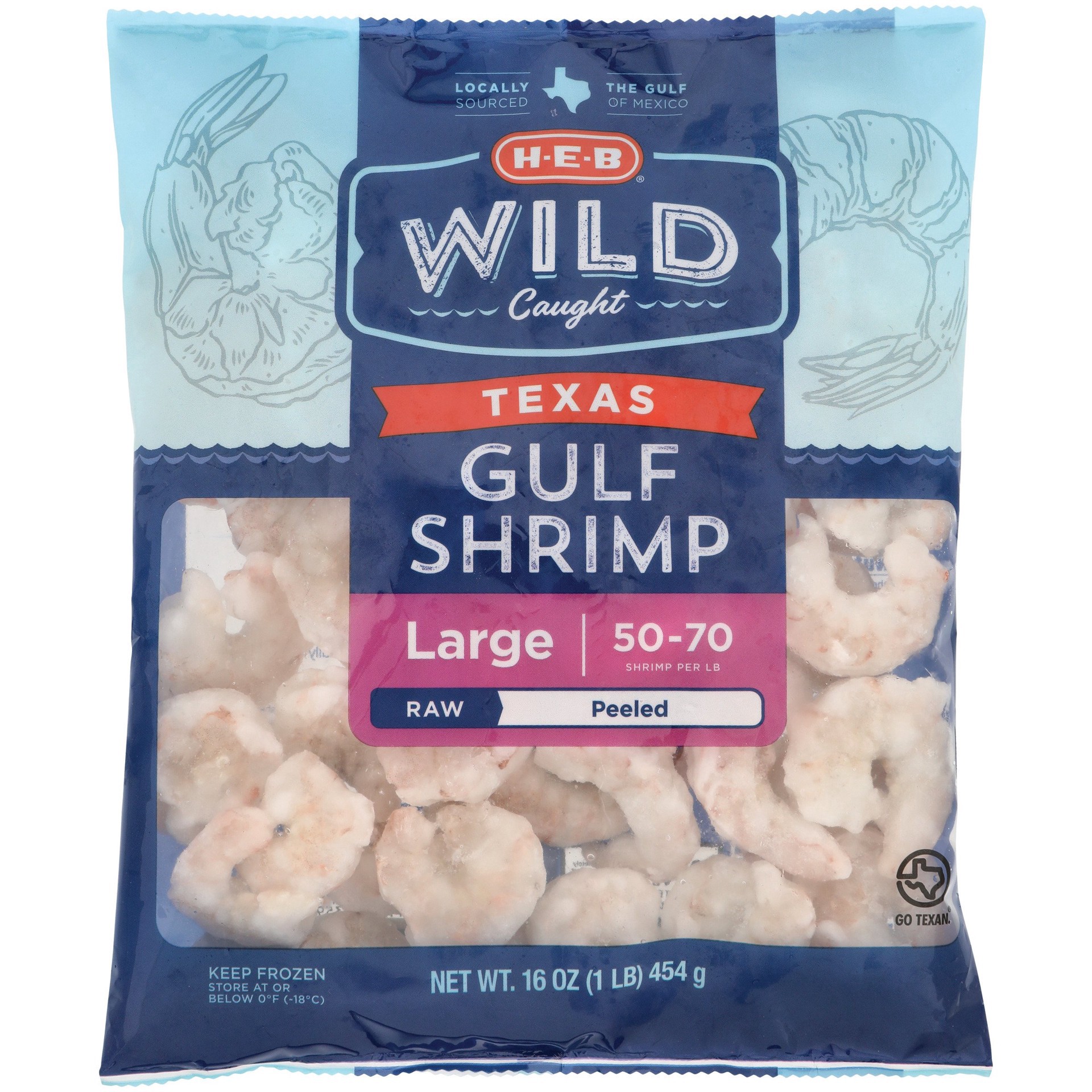 slide 1 of 1, H-E-B Wild Caught Frozen Peeled Large Texas Gulf Raw Shrimp, 50 - 70 ct/lb, 1 lb