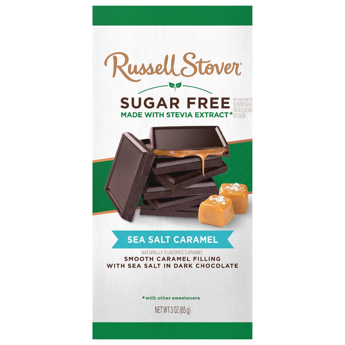 slide 1 of 3, RUSSELL STOVER Sugar Free Sea Salt Caramel Dark Chocolate Candy Bar, 3 oz., 3 oz