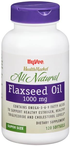 slide 1 of 1, Hy-Vee HealthMarket All Natural Flaxseed Oil 1000 mg Dietary Supplement Softgels, 120 ct