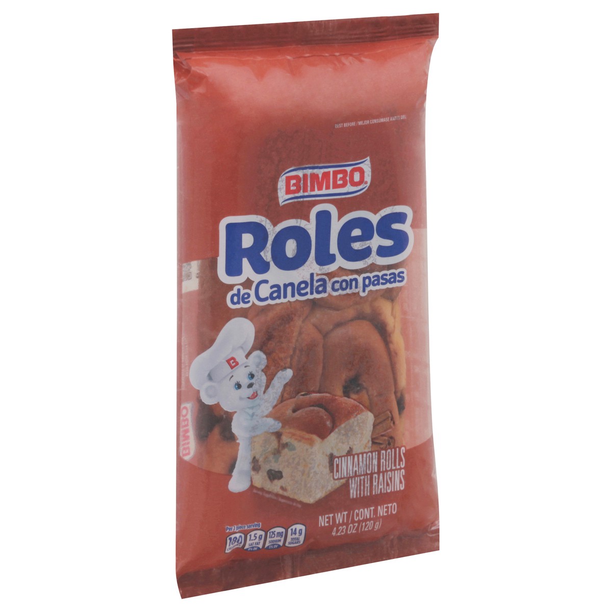 slide 9 of 9, Bimbo Roles de Canela con Pasas Raisin Cinnamon Rolls, 2 count, Pastries, 4.23 oz Bag, 1 ct