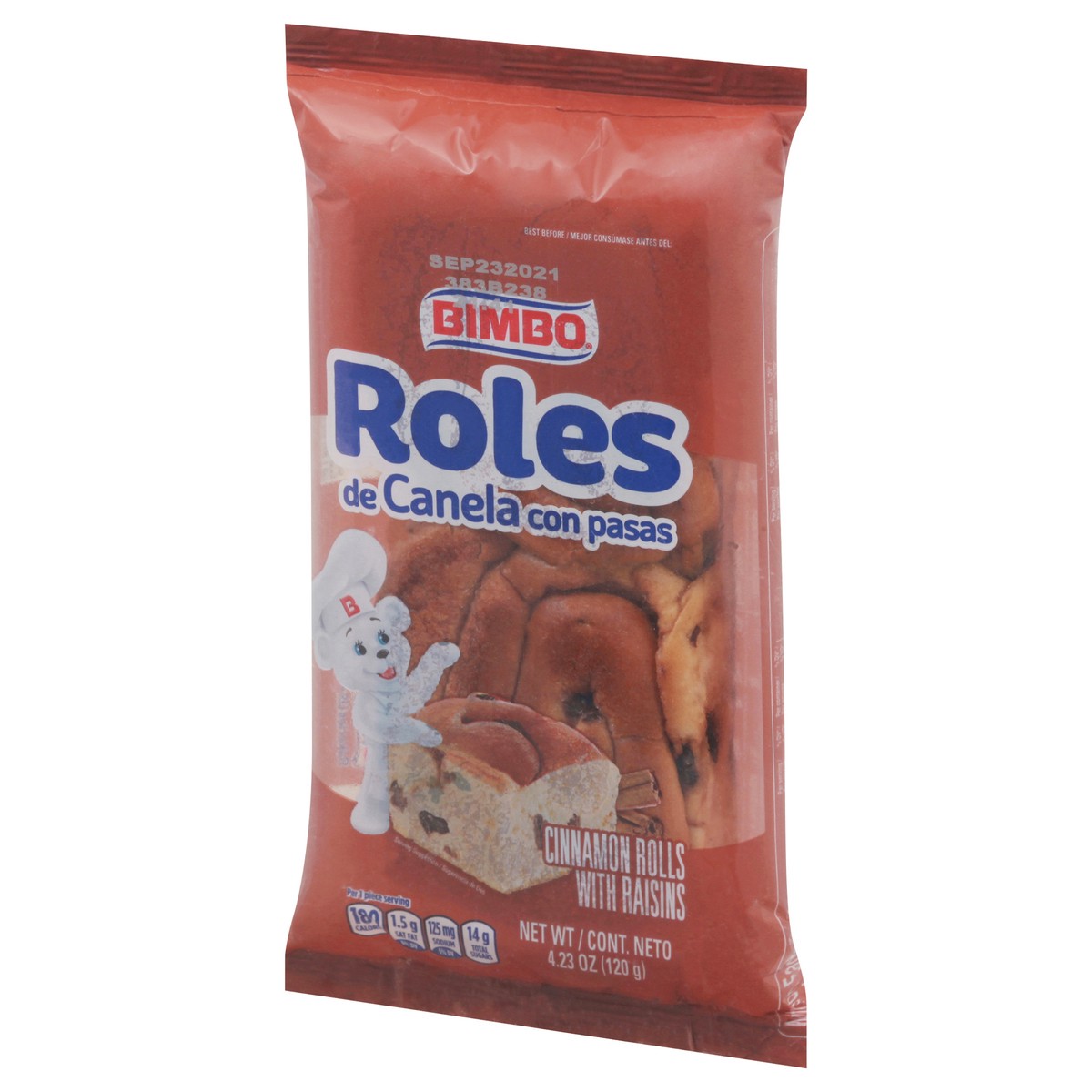 slide 5 of 9, Bimbo Roles de Canela con Pasas Raisin Cinnamon Rolls, 2 count, Pastries, 4.23 oz Bag, 1 ct