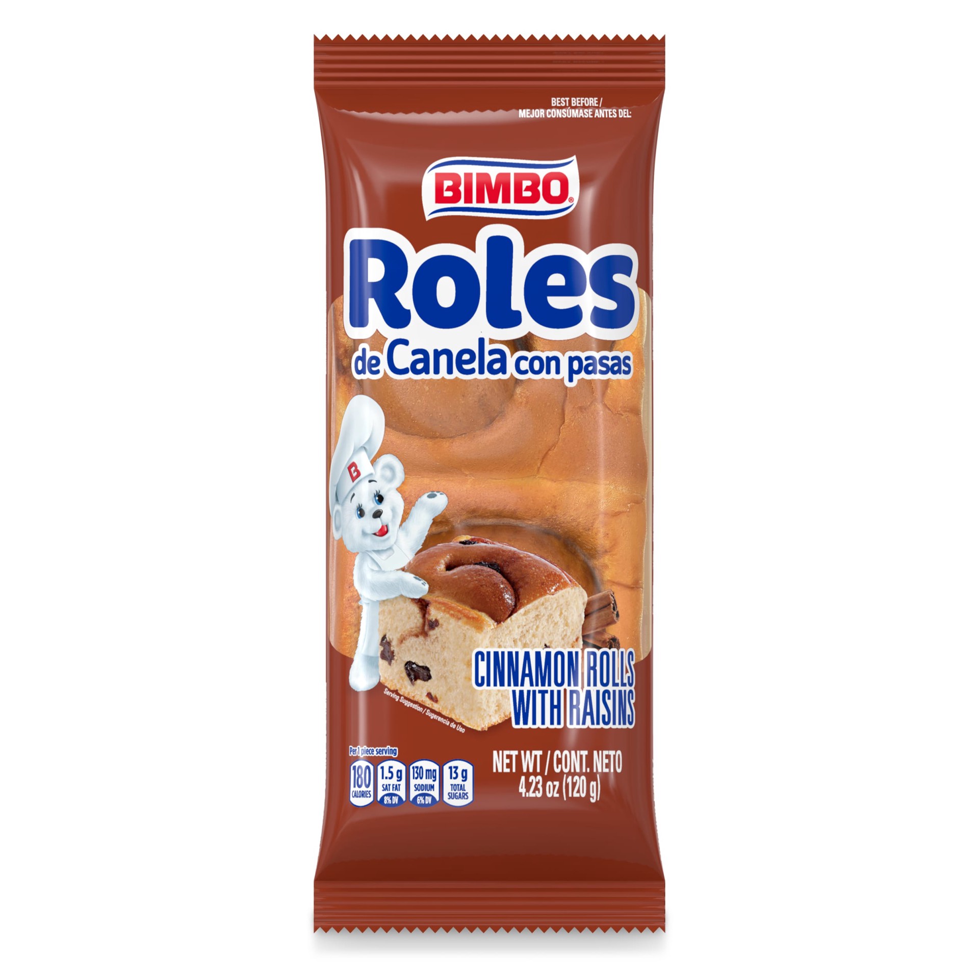 slide 1 of 9, Bimbo Roles de Canela con Pasas Raisin Cinnamon Rolls, 2 count, Pastries, 4.23 oz Bag, 1 ct