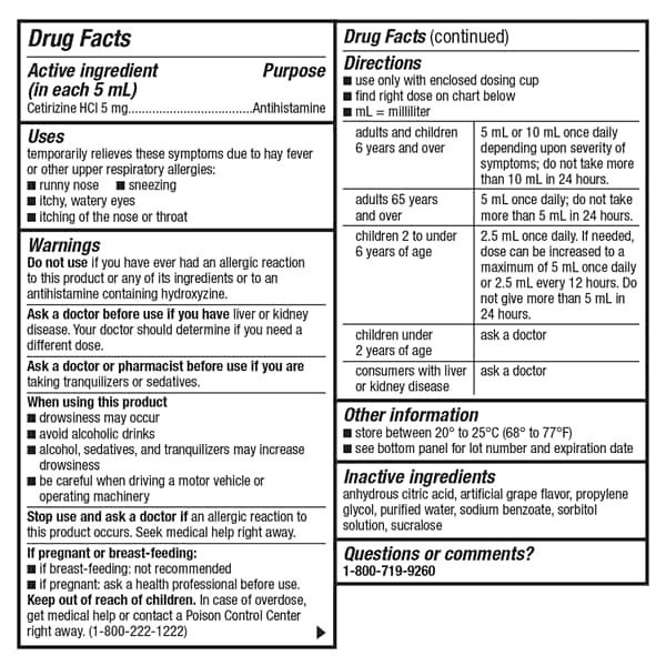 slide 20 of 29, Meijer Cetirizine Hydrochloride All Day Allergy Oral Solution /mL, Grape Flavor, 1 mg, 4 fl oz