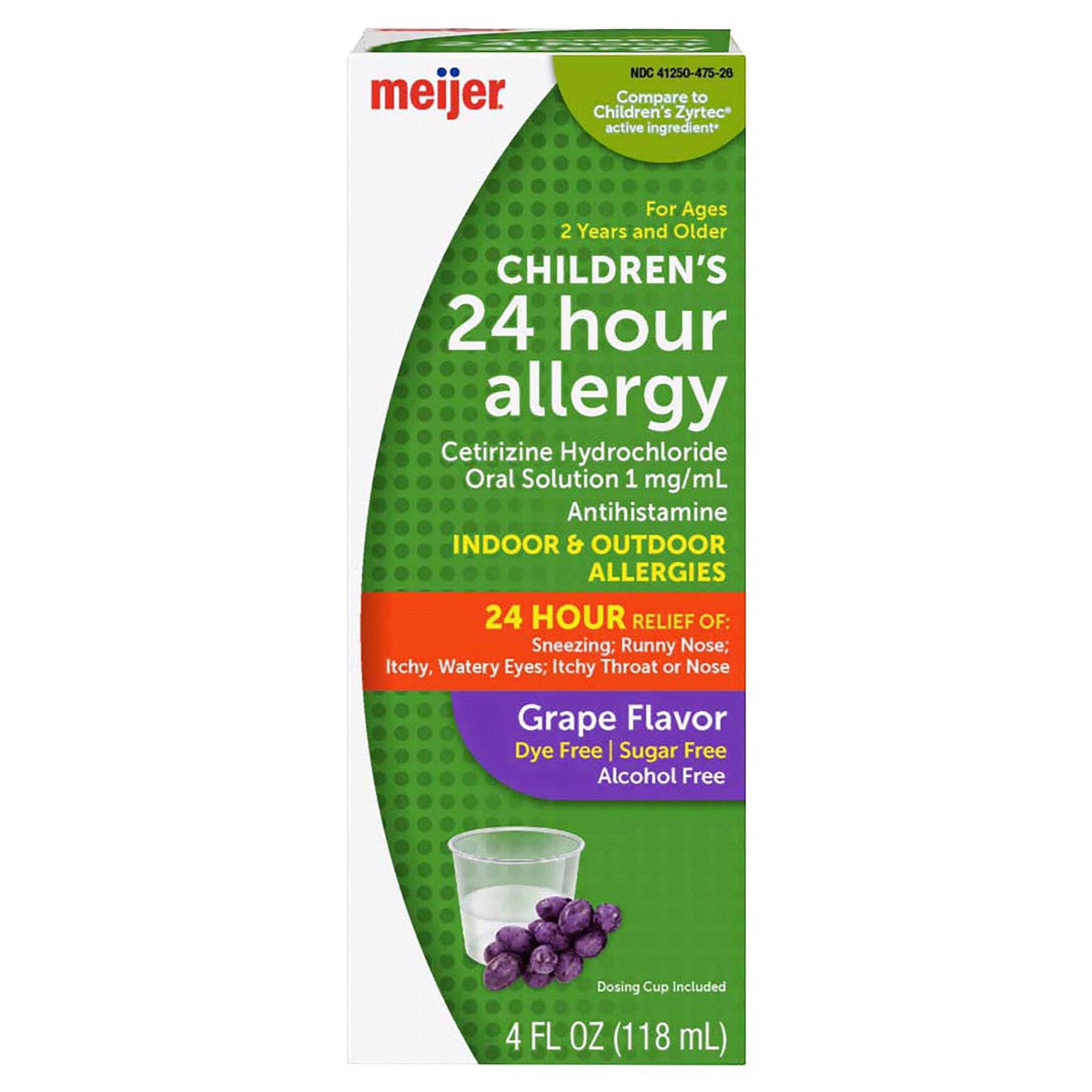 slide 1 of 29, Meijer Cetirizine Hydrochloride All Day Allergy Oral Solution /mL, Grape Flavor, 1 mg, 4 fl oz