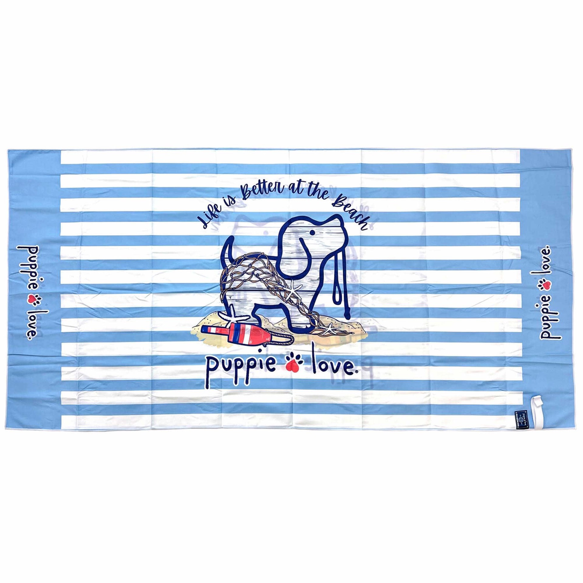 slide 1 of 1, Puppie Love Life is Better Pup Quick Drying Microfiber Beach Towel, 30" x 60", 30 in