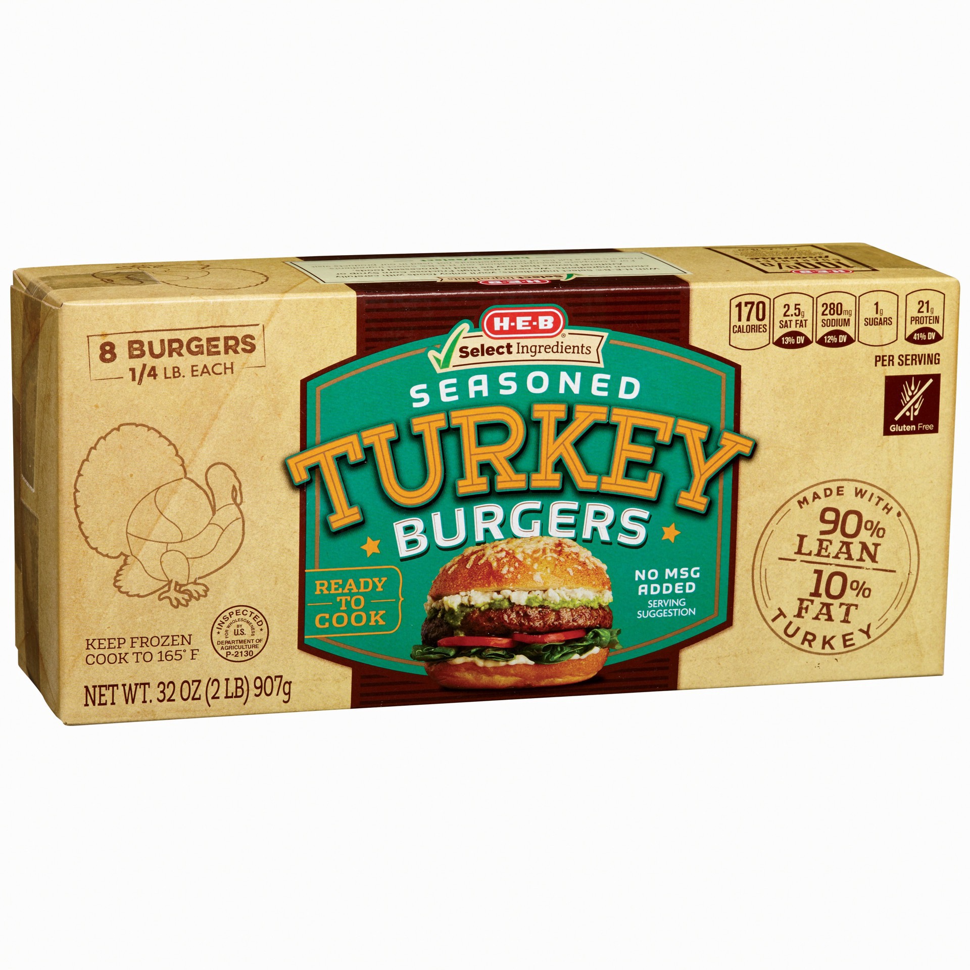 slide 1 of 1, H-E-B Frozen Seasoned Turkey Burger Patties, 8 ct