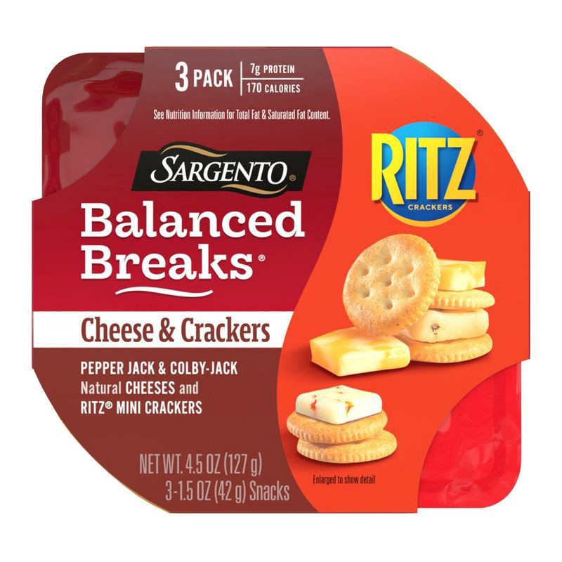 slide 1 of 1, Sargento Cheese & Crackers Pepper Jack & Colby-Jack/Ritz Crackers Balanced Breaks 3 - 1.5 oz Snacks, 4.5 oz