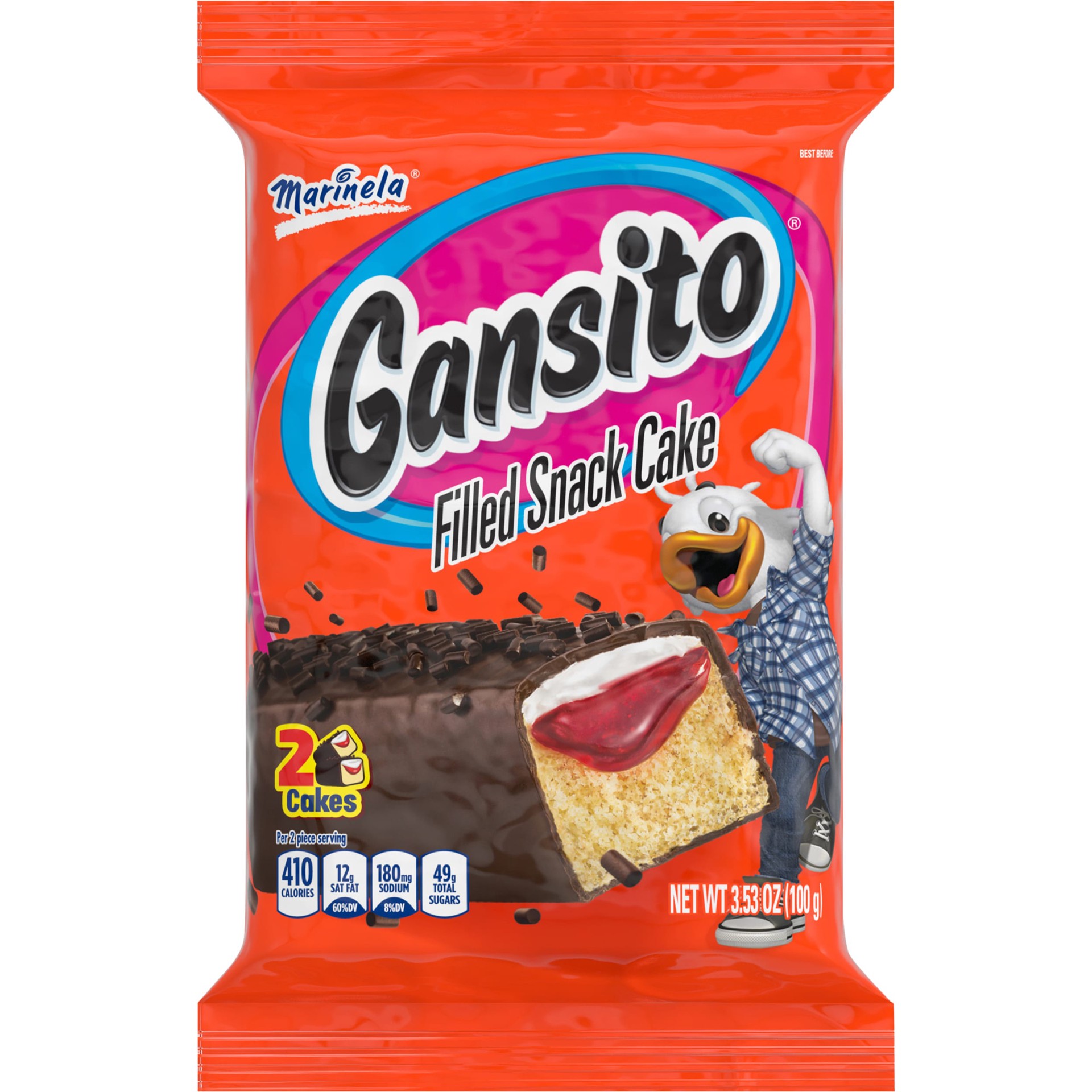 slide 1 of 14, Marinela Gansito Strawberry Filled Snack Cake, 2 packs, Chocolate Flavored Covered Snack Cakes, 3.53 oz Bag, 2 ct