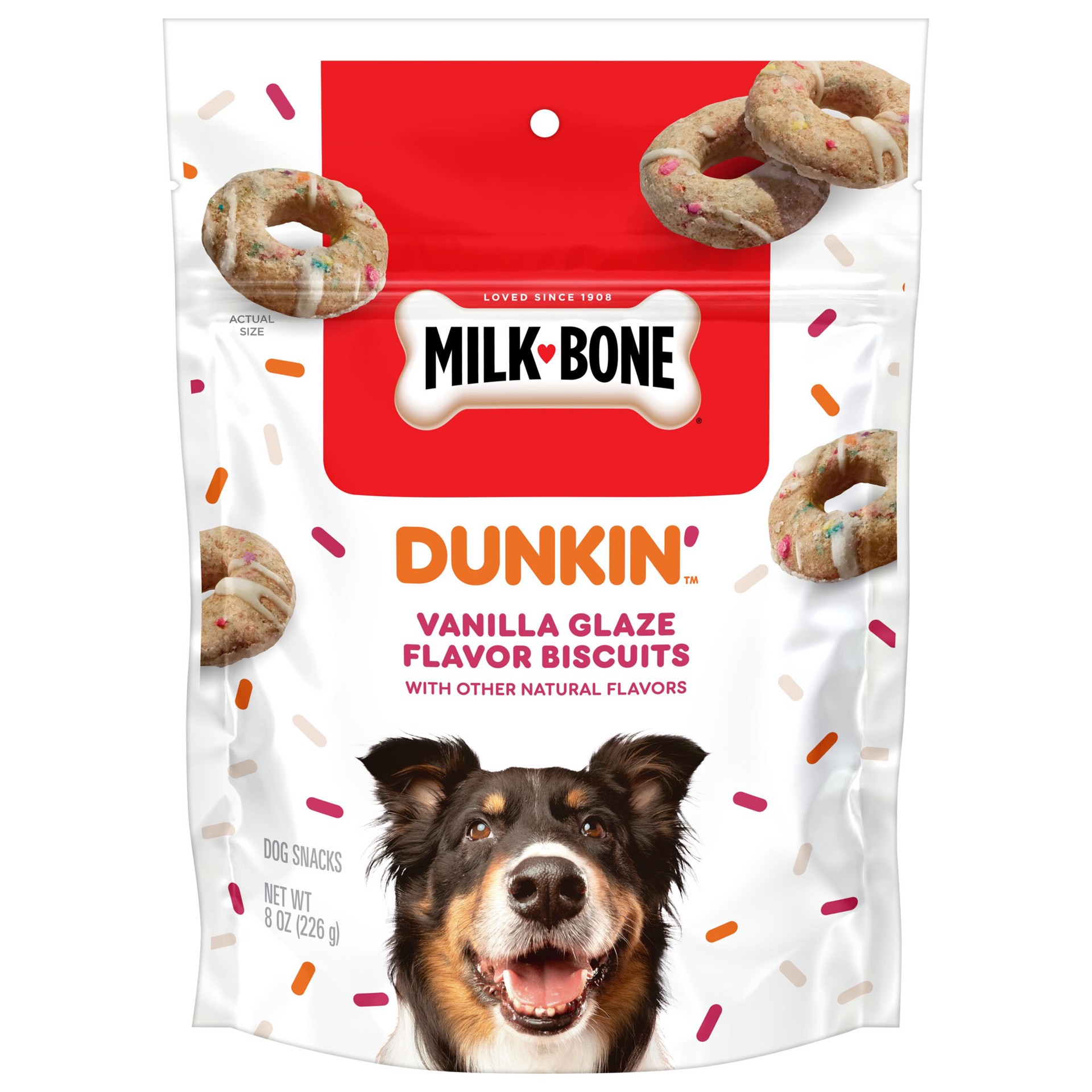 slide 1 of 3, Milk-Bone Dunkin'' Vanilla Glaze Flavor Dog Biscuits With Other Natural Flavors, 8 Oz. Bag, 8 oz