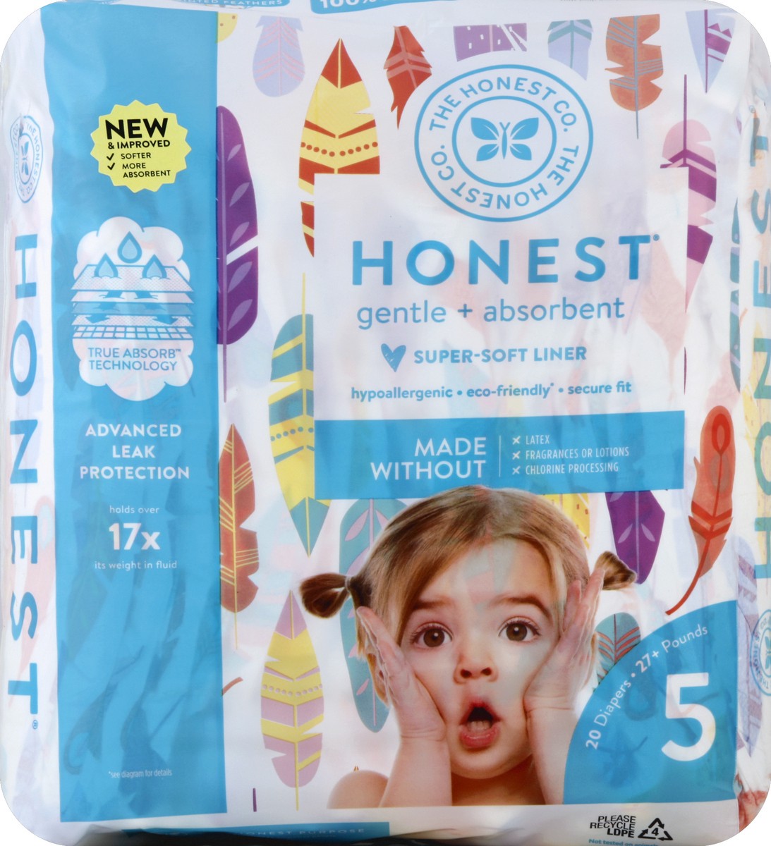 slide 2 of 6, Honest Painted Feathers Curious Cutie Size 5 (27+ lbs) Diapers 20 ea, 20 ct