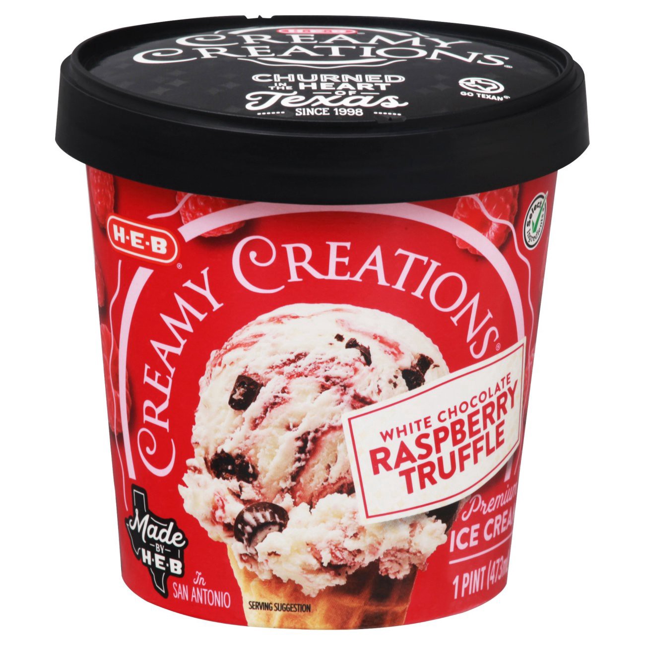slide 1 of 1, H-E-B Creamy Creations White Chocolate Raspberry Truffle Ice Cream, 1 pint