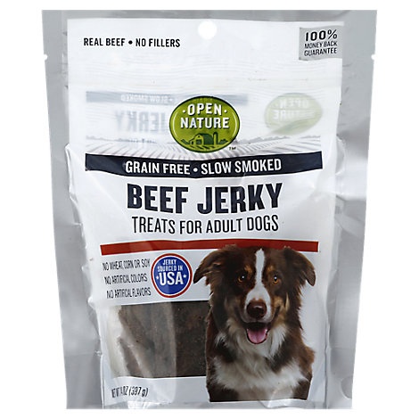 slide 1 of 1, Open Nature Treats For Adult Dogs Beef Jerky, 14 oz