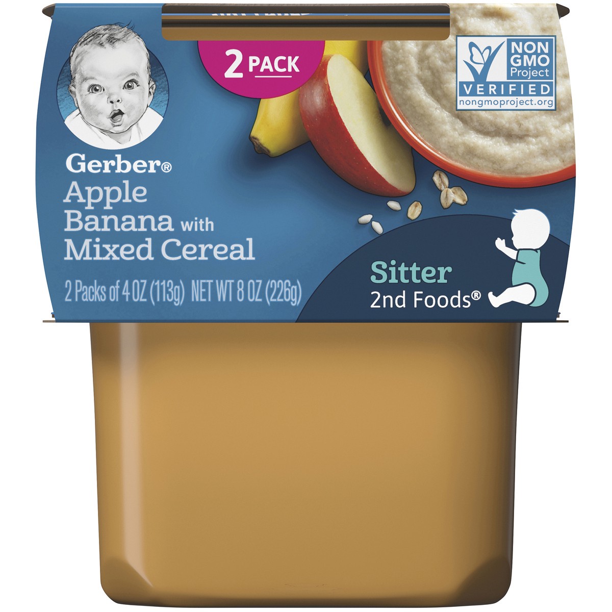 slide 1 of 9, Gerber Stage 2 Baby Food, Apple Banana with Mixed Cereal Puree, 4 oz Tub (2 Pack), 2 ct; 4 oz