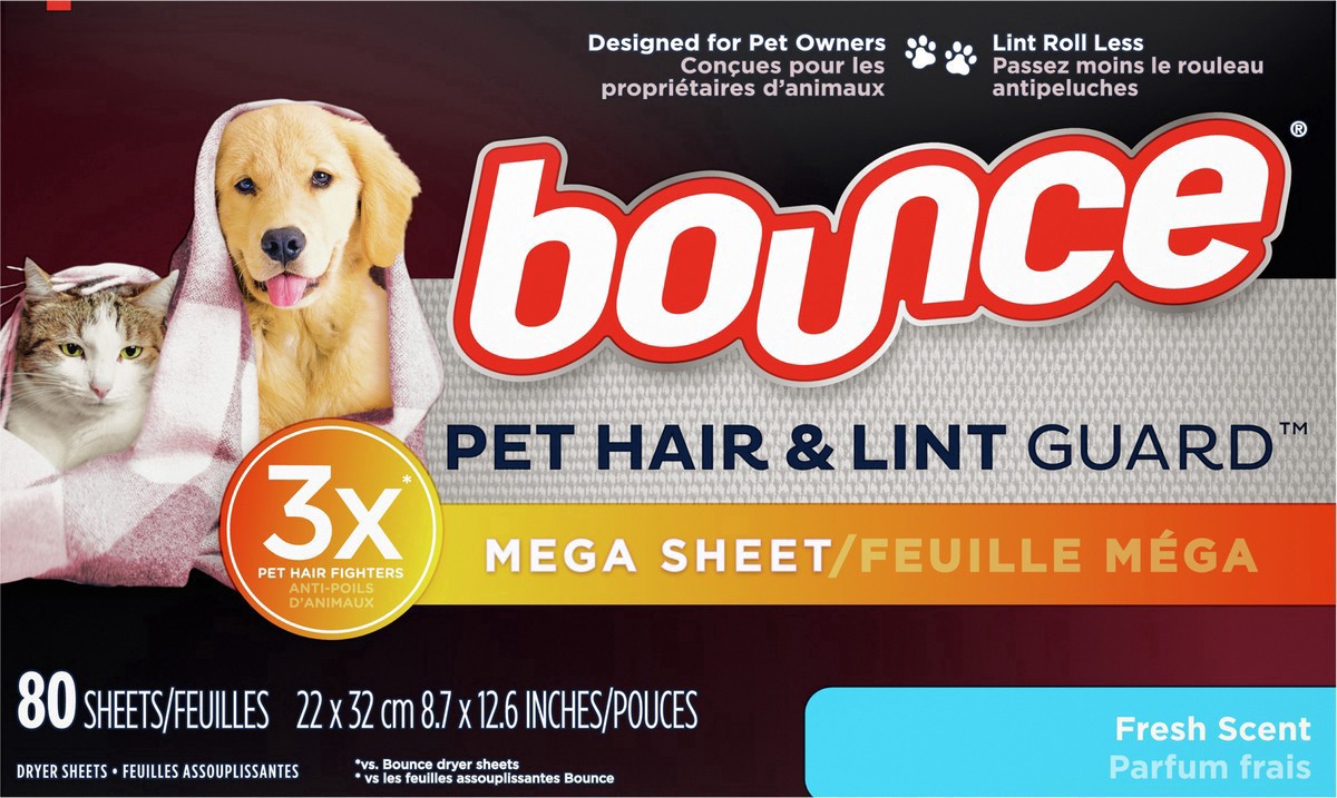 slide 2 of 4, Bounce Pet Hair and Lint Guard Mega Dryer Sheets with 3X Pet Hair Fighters, Fresh Scent, 80 Count, 80 ct