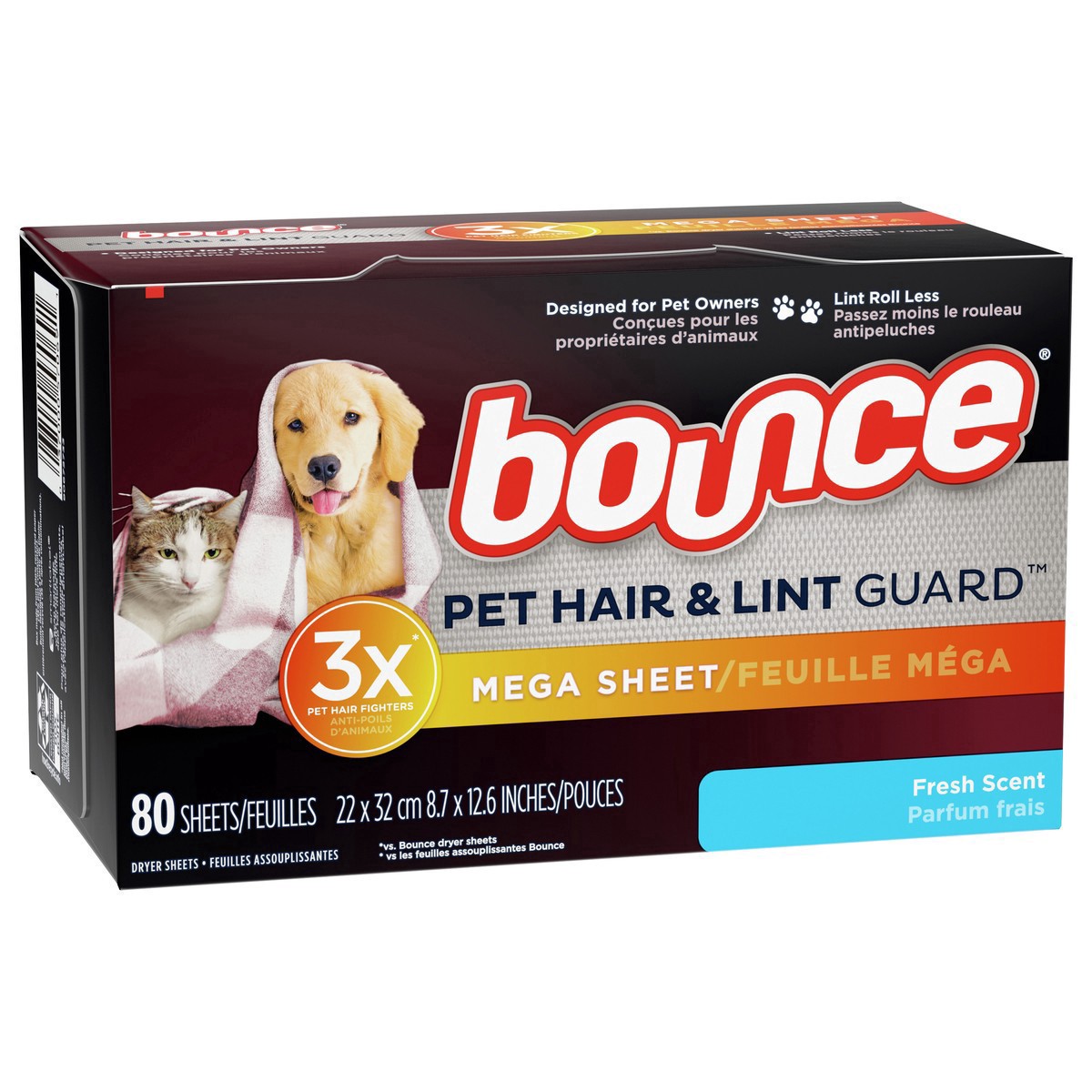 slide 4 of 4, Bounce Pet Hair and Lint Guard Mega Dryer Sheets with 3X Pet Hair Fighters, Fresh Scent, 80 Count, 80 ct