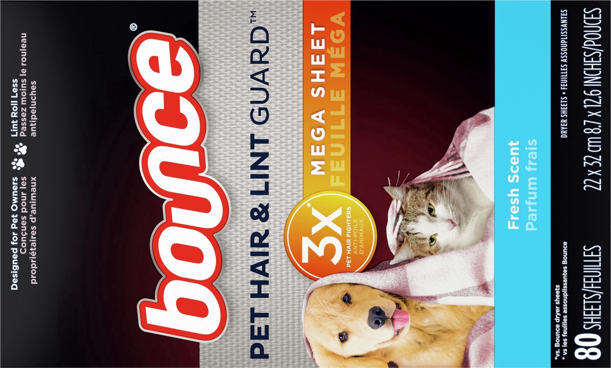 slide 3 of 4, Bounce Pet Hair and Lint Guard Mega Dryer Sheets with 3X Pet Hair Fighters, Fresh Scent, 80 Count, 80 ct