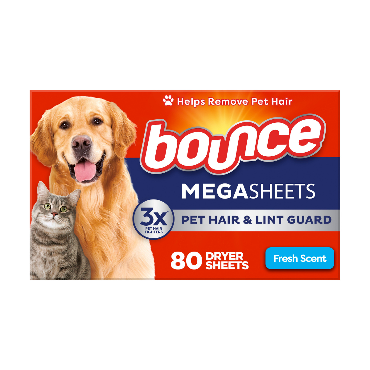 slide 1 of 4, Bounce Pet Hair and Lint Guard Mega Dryer Sheets with 3X Pet Hair Fighters, Fresh Scent, 80 Count, 80 ct