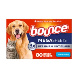 Bounce Pet Hair and Lint Guard Mega Dryer Sheets with 3X Pet Hair Fighters, Fresh Scent, 80 Count