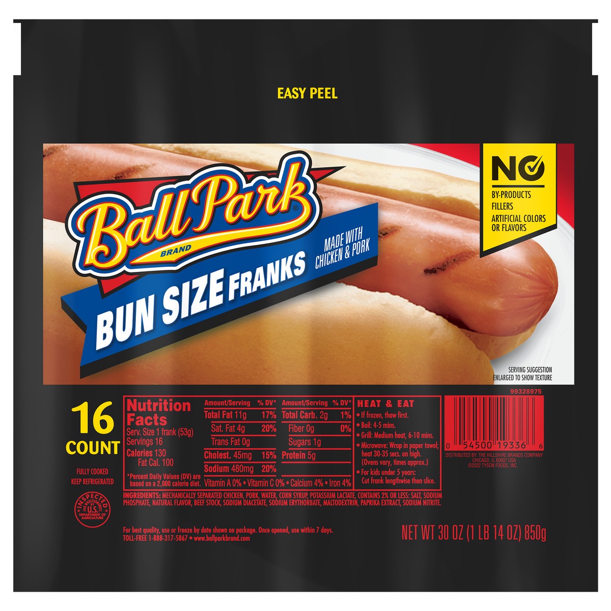 slide 1 of 3, Ball Park Bun Length Hot Dogs, Classic, 16 Count, 30 oz