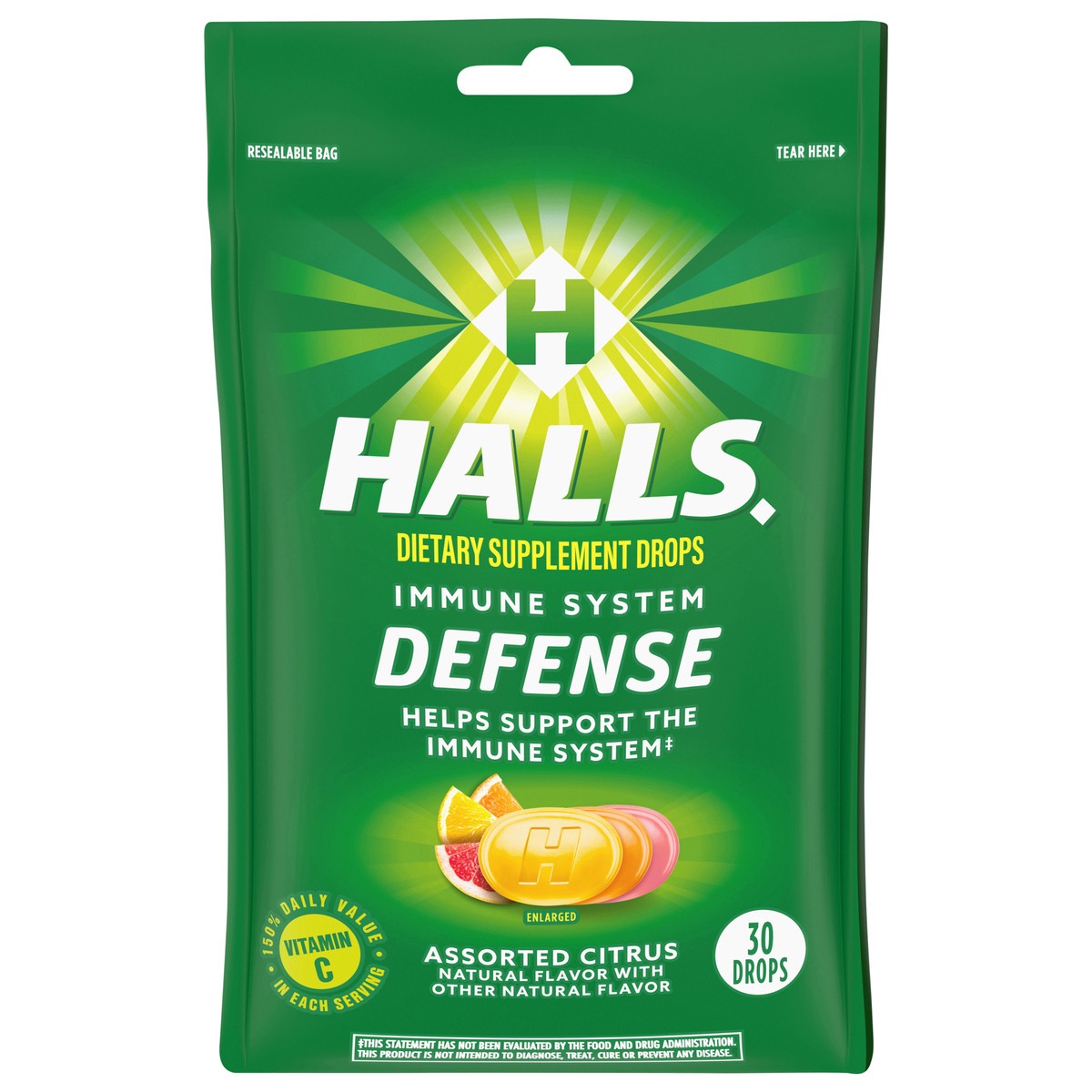slide 1 of 9, HALLS Defense Assorted Citrus Vitamin C Drops, Dietary Supplement Drops, 30 Drops, 30 ct