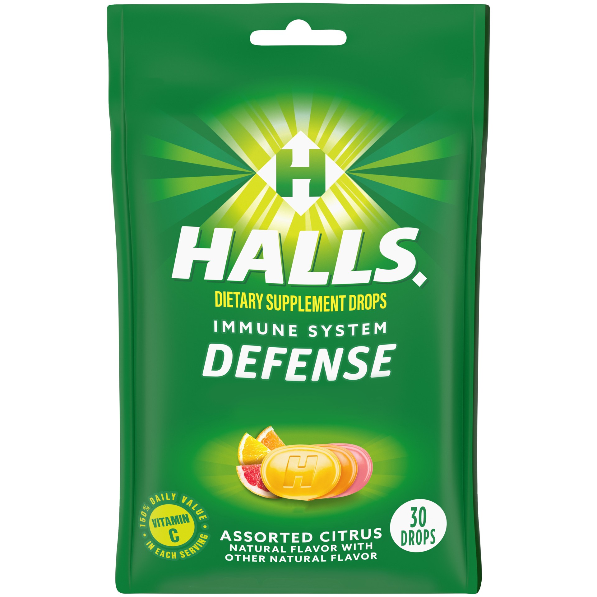 slide 1 of 9, HALLS Defense Assorted Citrus Vitamin C Drops, Dietary Supplement Drops, 30 Drops, 30 ct