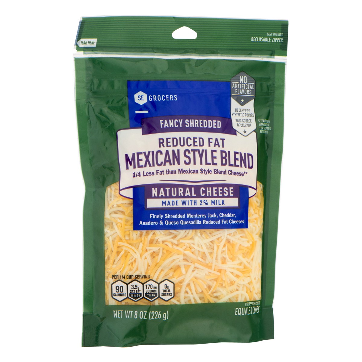 slide 2 of 10, SE Grocers Fancy Shredded Reduced Fat Mexican Style Blend Natural Cheese, 8 oz