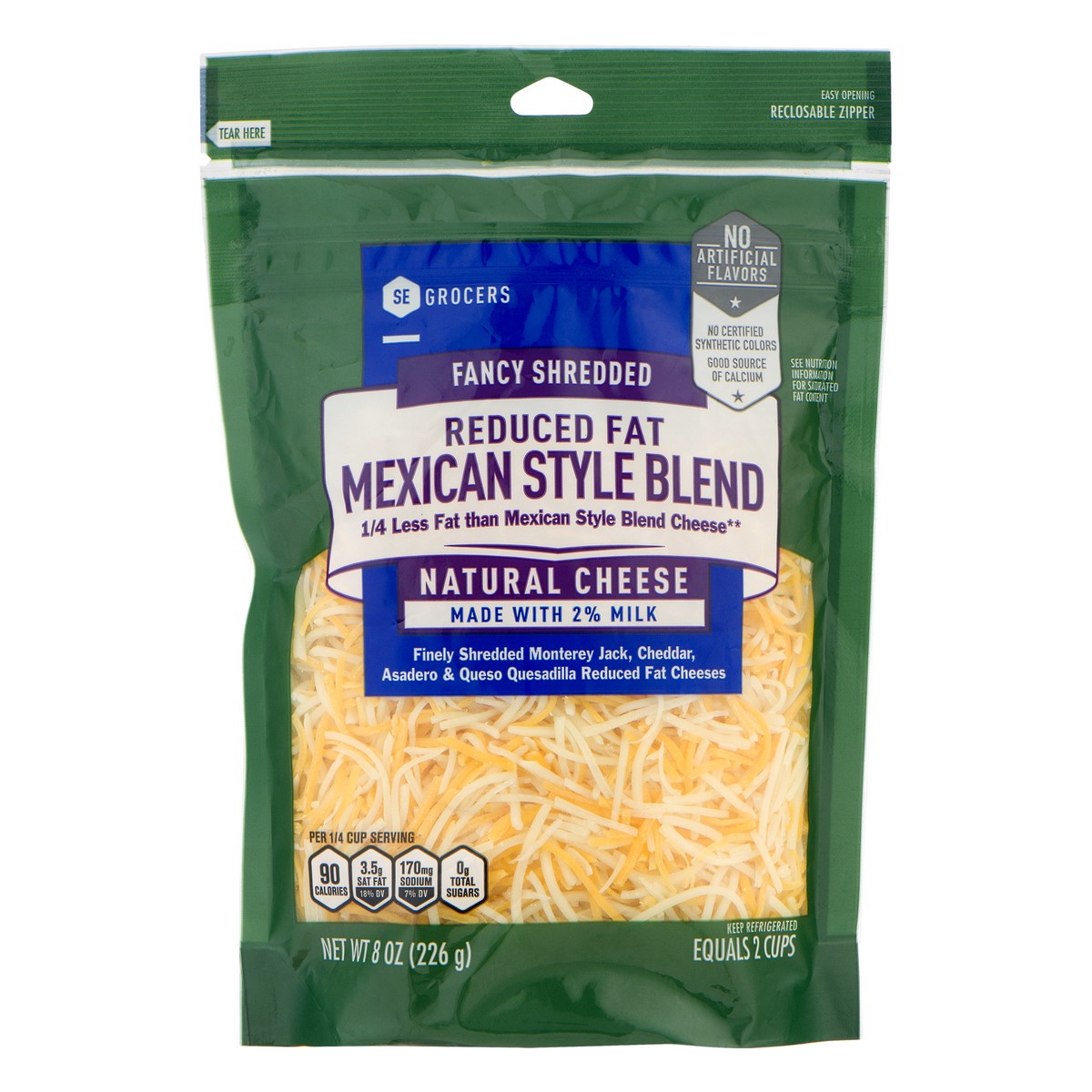 slide 1 of 10, SE Grocers Fancy Shredded Reduced Fat Mexican Style Blend Natural Cheese, 8 oz