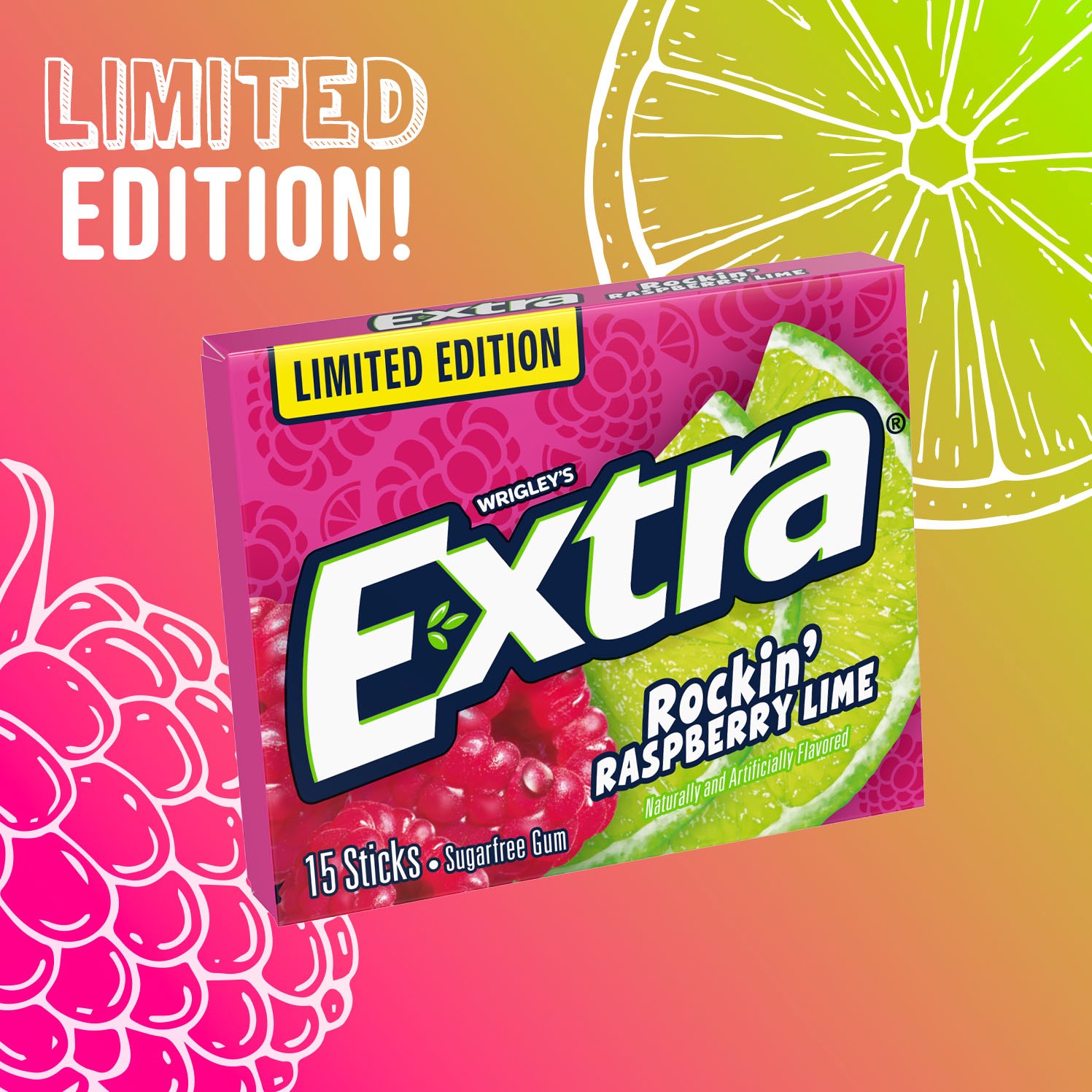 slide 2 of 5, Extra Gum Rockin' Raspberry Lime Sugar Free Chewing Gum, Single Pack, 15 Stick, 15 pc