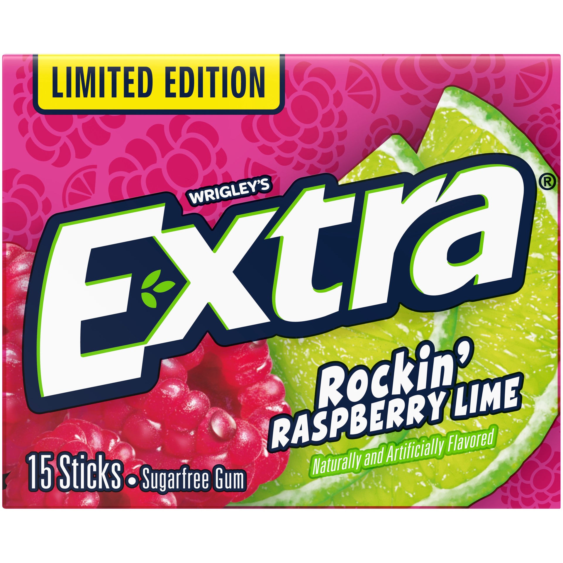 slide 1 of 5, Extra Gum Rockin' Raspberry Lime Sugar Free Chewing Gum, Single Pack, 15 Stick, 15 pc