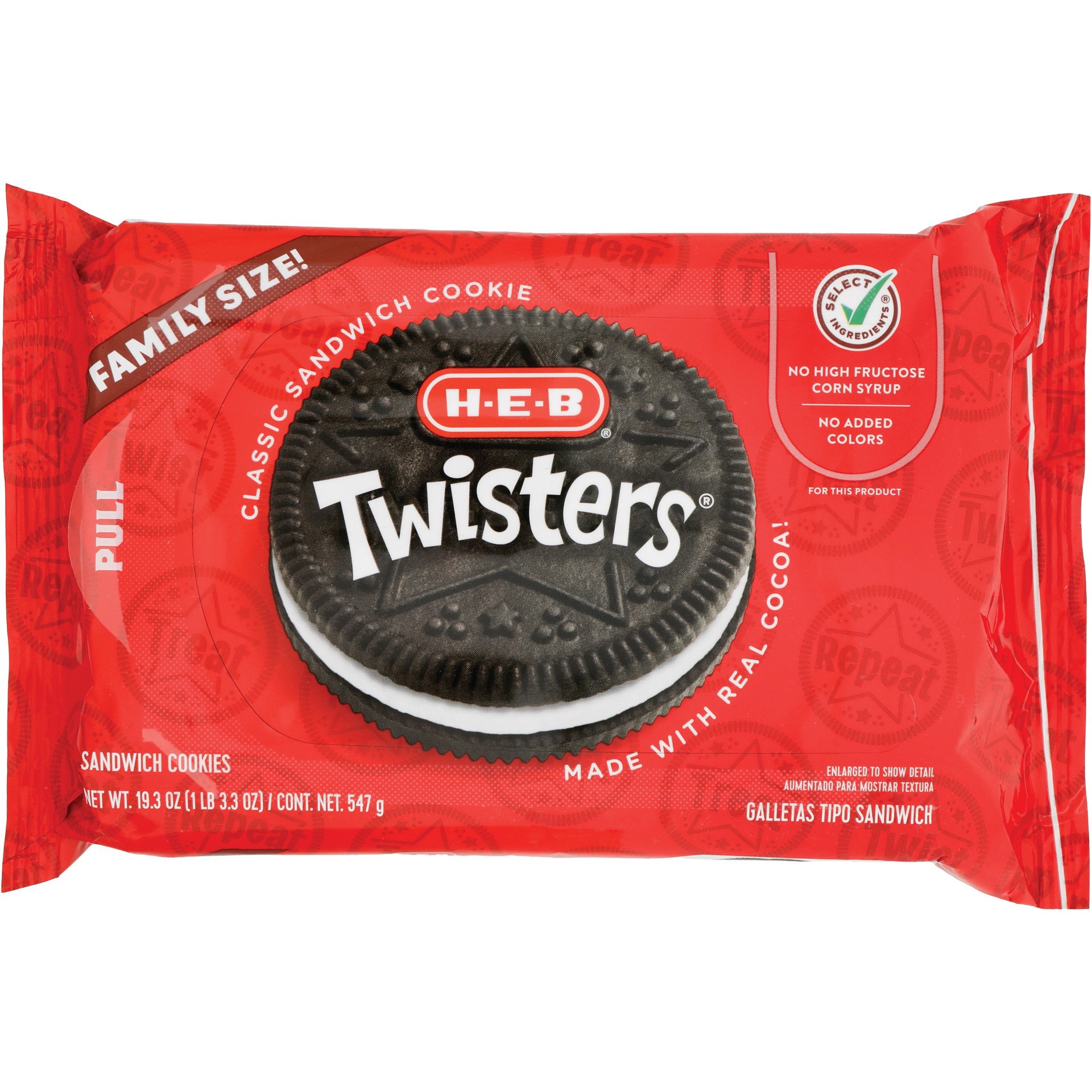 slide 1 of 1, H-E-B Twisters Sandwich Cookies - Family-Size, 19.3 oz