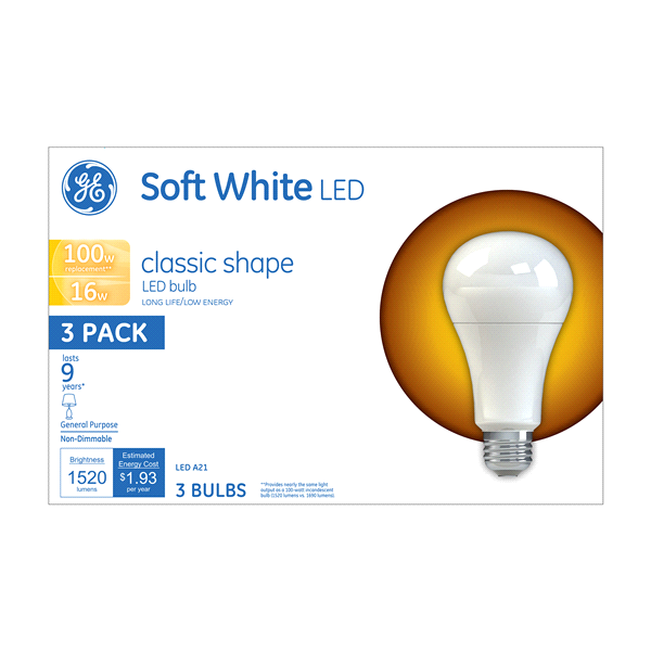 slide 1 of 1, GE LED Classic Shape 100W Replacement Soft White, 3 ct