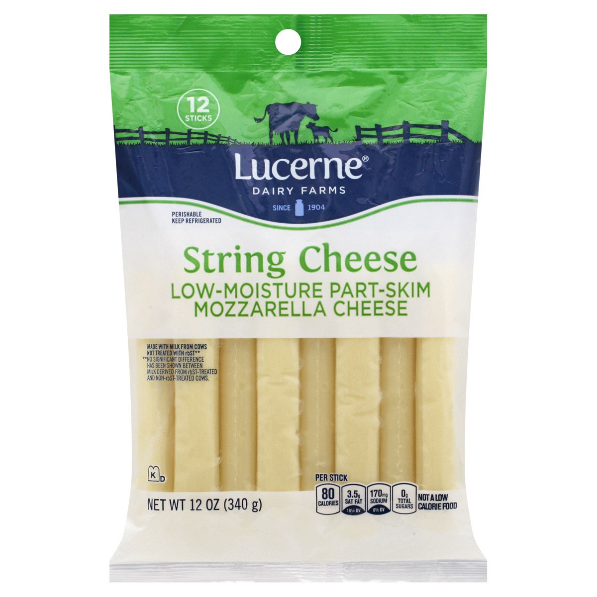 slide 1 of 9, Lucerne Diary Farms String Cheese Low-moisture Part-skim Mozzarella Cheese, 12 ct; 12 oz