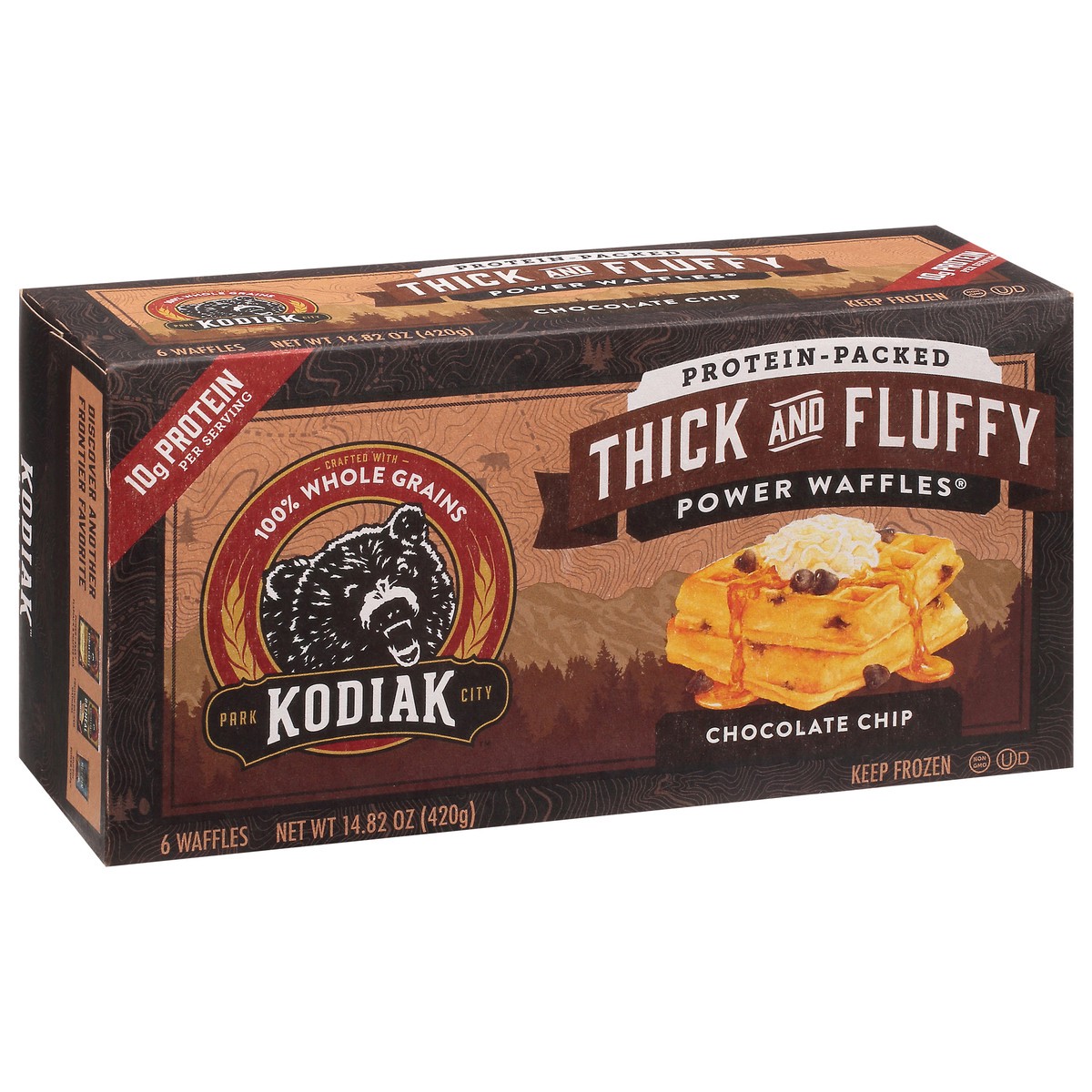 slide 6 of 9, Kodiak Cakes Thick and Fluffy Waffles, Chocolate Chip, 14.82/6 ct, 