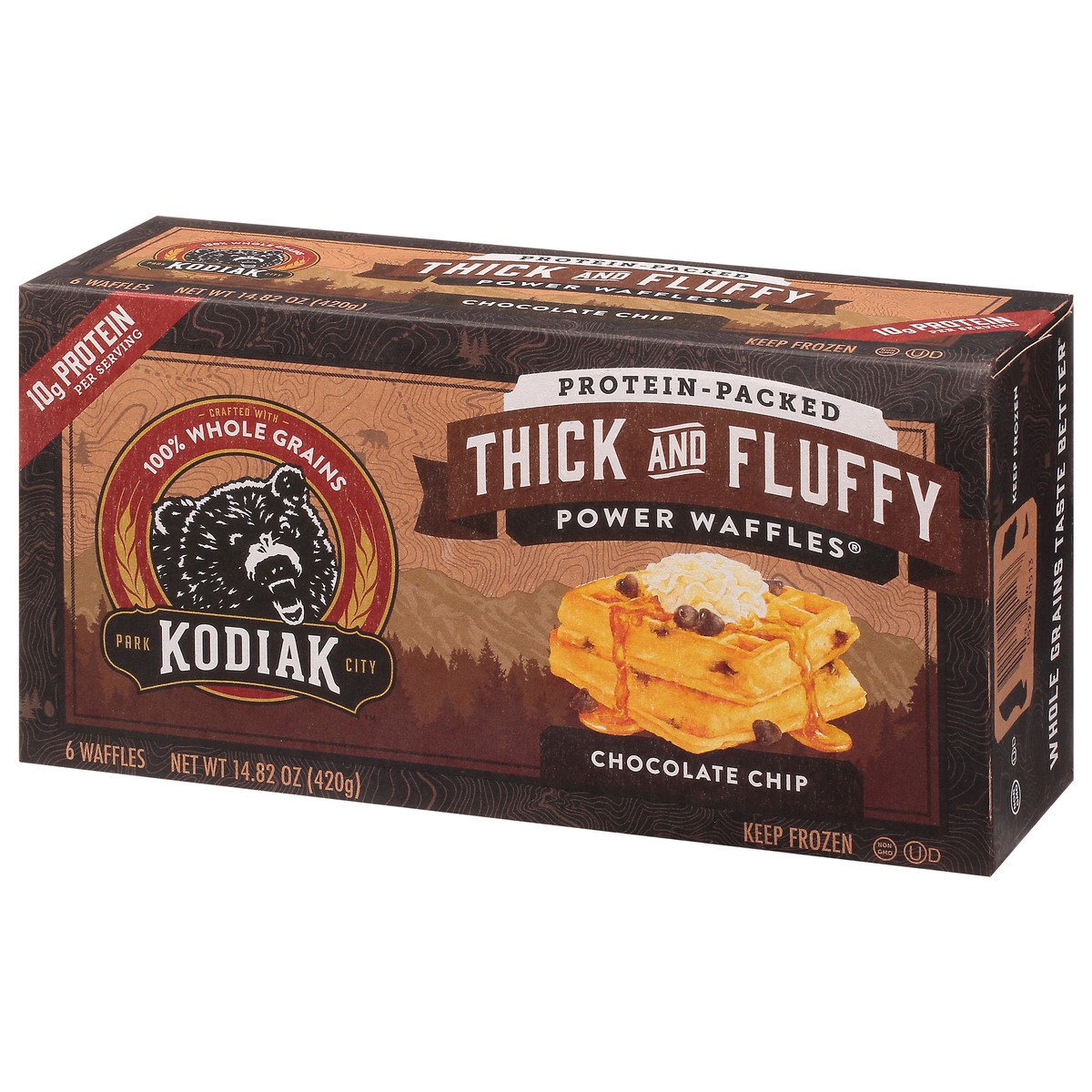 slide 2 of 9, Kodiak Cakes Thick and Fluffy Waffles, Chocolate Chip, 14.82/6 ct, 