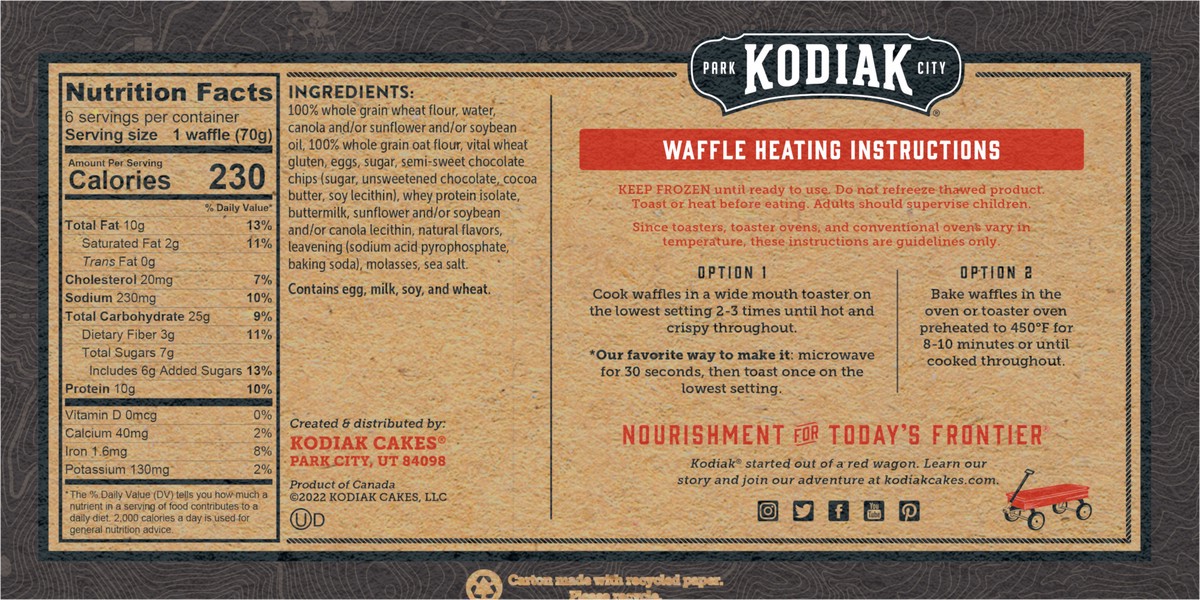 slide 5 of 9, Kodiak Cakes Thick and Fluffy Waffles, Chocolate Chip, 14.82/6 ct, 