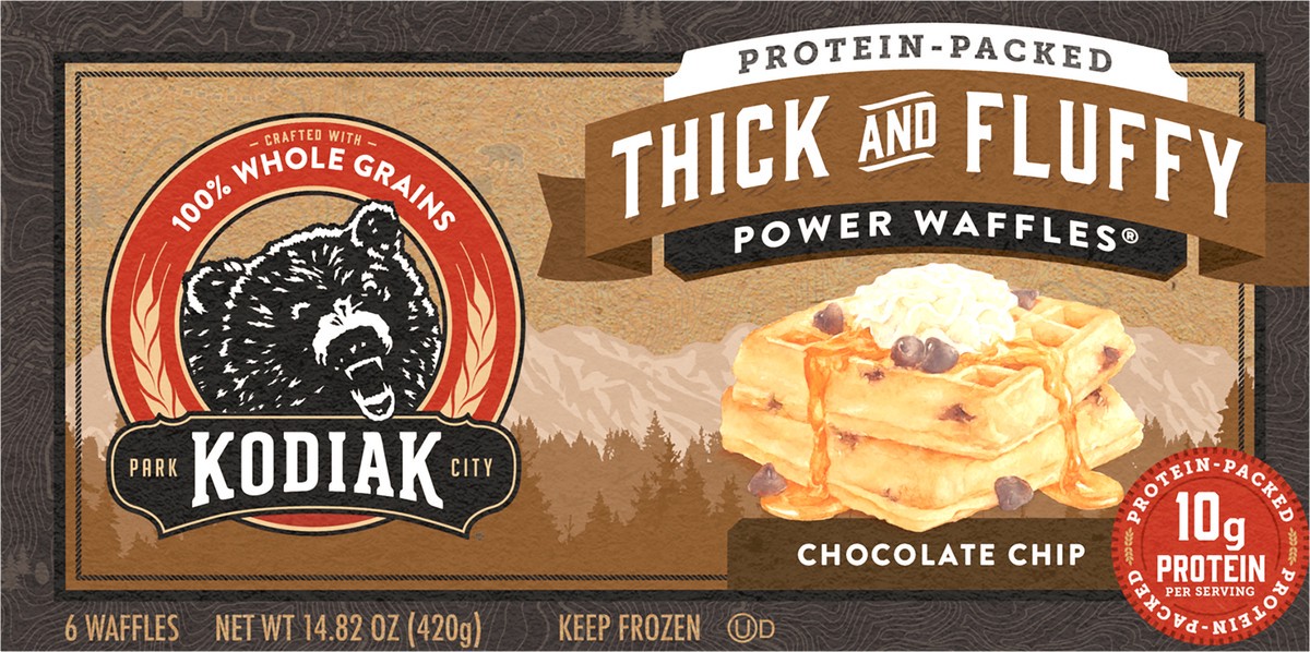 slide 7 of 9, Kodiak Cakes Thick and Fluffy Waffles, Chocolate Chip, 14.82/6 ct, 